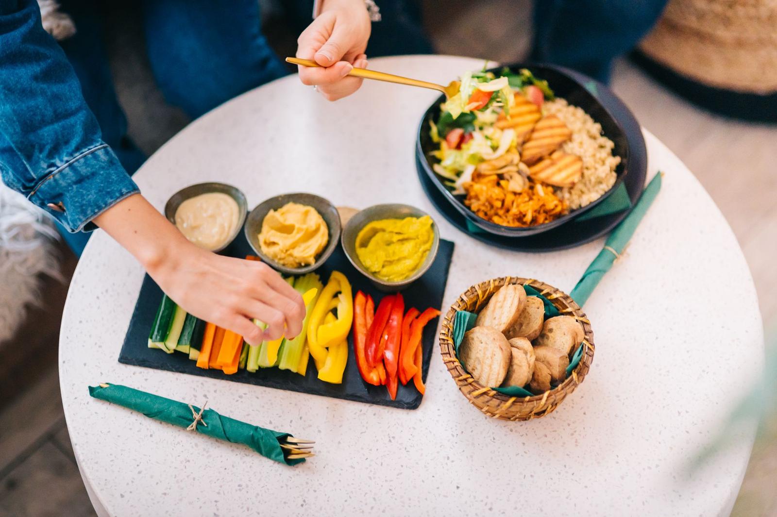 Healthy Vegetarian Meal with Dips and Bowl